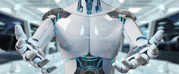 Onun iki açılış beyaz erkek robot uzay arka plan 3d render eller