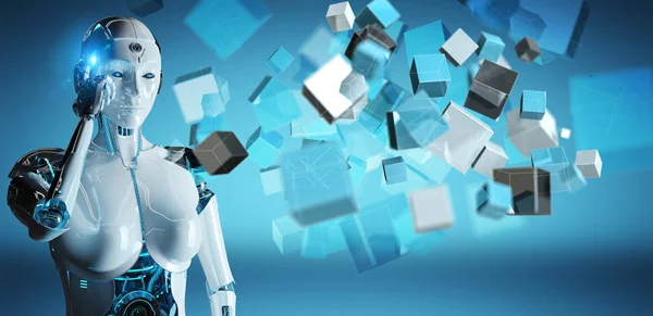 White Cyborg Blurred Background Using Blue Digital Cube Structure Rendering — Stock Photo, Image