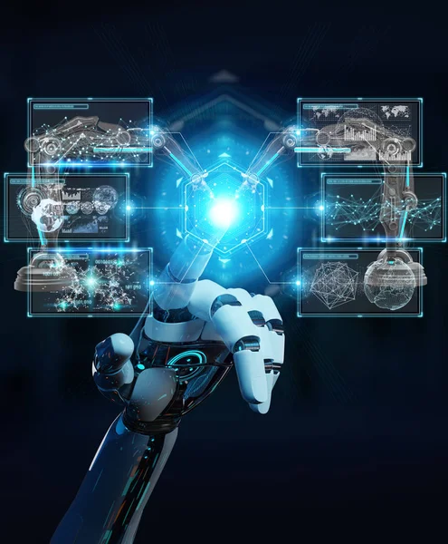 Robotik Kol ile dijital ekran 3d rendering kullanarak arka plan bulanık beyaz robot el