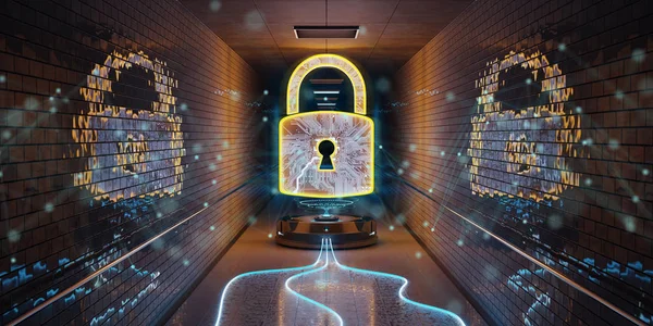 Blue Orange Underground Cyber Security Hologram Digital Padlock Rendering — Stock Photo, Image