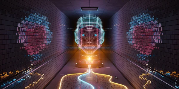 Blå Orange Och Rosa Cyborg Hologram Titta Tunnelbana Interiör Rendering — Stockfoto