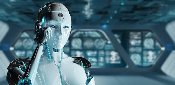 Weiße Frau Cyborg Denken Und Berühren Ihren Kopf Auf Raumschiff — Stockfoto