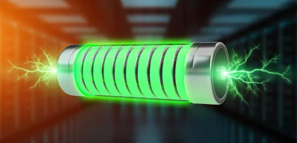 绿色电池与闪电在蓝色服务器背景3D — 图库照片