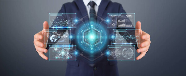 Businessman on blurred background using digital screens interface with holograms datas 3D rendering