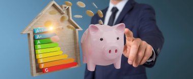İşadamı iyi enerji grafik rating 3d render ile para tasarrufu bulanık arka plan üzerinde