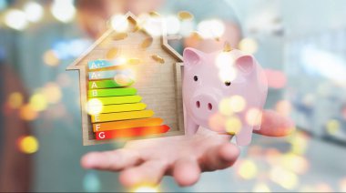 İşkadını iyi enerji grafik rating 3d render ile para tasarrufu bulanık arka plan üzerinde