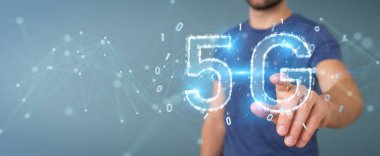 İşadamı 5 g ağ dijital hologram 3B oluşturmayı kullanarak arka plan bulanık üzerinde