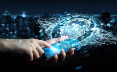 İşadamı dijital yapay zeka simgesi hologram 3B oluşturmayı kullanarak arka plan bulanık üzerinde