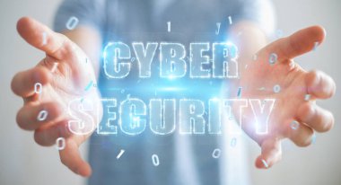 Siber Güvenlik metin hologram 3B oluşturmayı kullanarak arka plan bulanık üzerinde işadamı