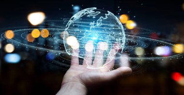 İşadamı üzerinde küre ağ hologram Avrupa ile harita 3B oluşturmayı kullanarak arka plan bulanık