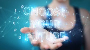 İşkadını gelecek metin arabirimi 3d rendering kullanarak arka plan bulanık üzerinde