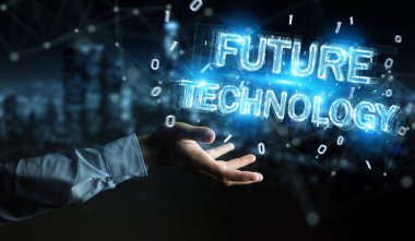 Geleceğin teknolojisi metin arabirimi 3d rendering kullanarak arka plan bulanık üzerinde işadamı