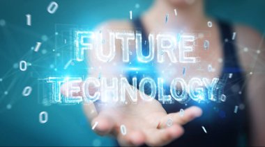 İşkadını geleceğin teknolojisi metin arabirimi 3d rendering kullanarak arka plan bulanık üzerinde