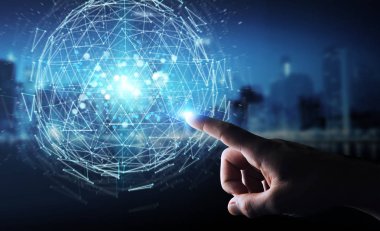 İşadamı dijital üçgen küre hologram 3d render patlayan kullanarak arka plan bulanık üzerinde