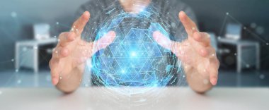 İşadamı dijital üçgen küre hologram 3d render patlayan kullanarak arka plan bulanık üzerinde