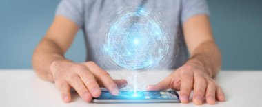 İşadamı dijital üçgen küre hologram 3d render patlayan kullanarak arka plan bulanık üzerinde
