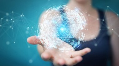 İşkadını dijital üçgen küre hologram 3d render patlayan kullanarak arka plan bulanık üzerinde