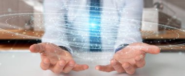 İşadamı dijital küre bağlantısı hologram 3B oluşturmayı kullanarak arka plan bulanık üzerinde