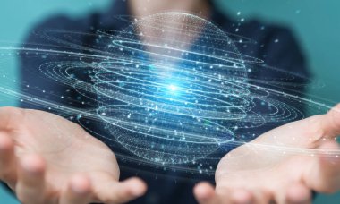 İşkadını dijital küre bağlantısı hologram 3B oluşturmayı kullanarak arka plan bulanık üzerinde
