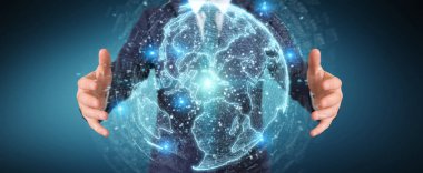 İşadamı üzerinde küre ağ hologram Amerika ABD harita 3d render ile kullanarak arka plan bulanık