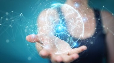 İşkadını üzerinde küre ağ hologram Amerika ABD harita 3d render ile kullanarak arka plan bulanık