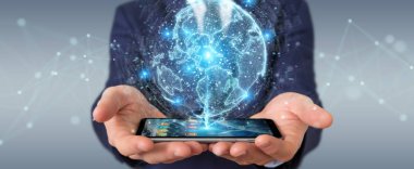 İşadamı üzerinde küre ağ hologram Amerika ABD harita 3d render ile kullanarak arka plan bulanık