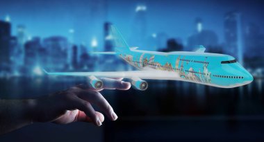 İşadamı çınar ve ünlü simgelerinden dünya 3d render ile bulanık arka plan üzerinde