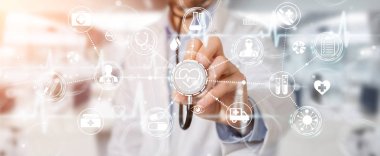 Dijital tıbbi futuristik bir arayüze 3B oluşturmayı kullanarak arka plan bulanık doktor