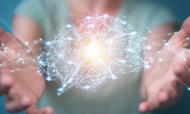 Hücre ve neurons aktivitesiyle 3d render dijital röntgen insan beyni arabirimini kullanarak iş kadını