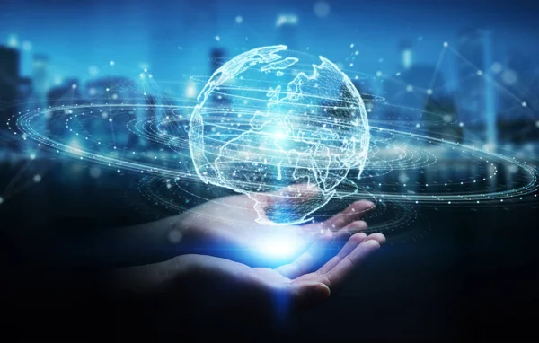 İşkadını üzerinde küre ağ hologram Avrupa ile harita 3B oluşturmayı kullanarak arka plan bulanık