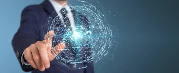 Businessman Blurred Background Using Digital Triangle Exploding Sphere Hologram Rendering — Stock Photo, Image