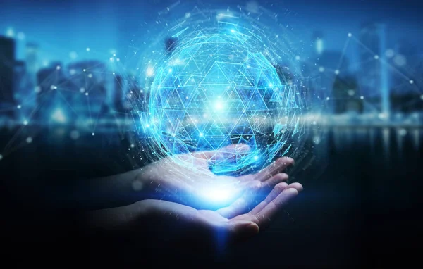 Businesswoman Blurred Background Using Digital Triangle Exploding Sphere Hologram Rendering — Stock Photo, Image