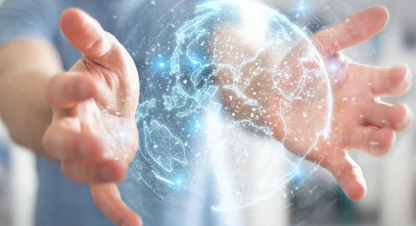İşadamı üzerinde küre ağ hologram Amerika ABD harita 3d render ile kullanarak arka plan bulanık