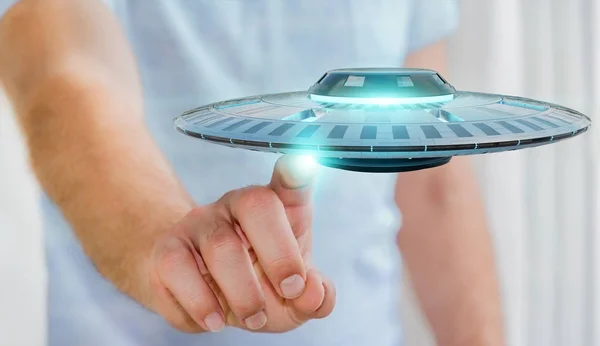 Affärsman Suddig Bakgrund Med Retro Ufo Rymdskepp Rendering — Stockfoto