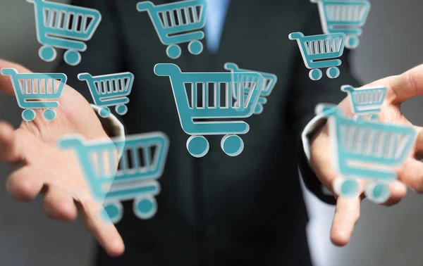 Geschäftsmann Auf Verschwommenem Hintergrund Mit Digitalen Shopping Icons Rendering — Stockfoto