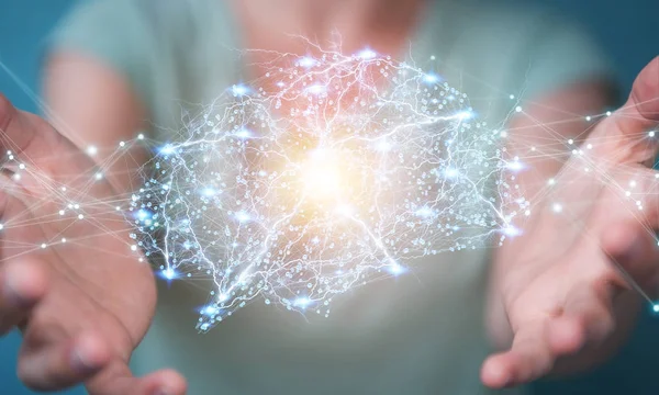 Hücre ve neurons aktivitesiyle 3d render dijital röntgen insan beyni arabirimini kullanarak iş kadını