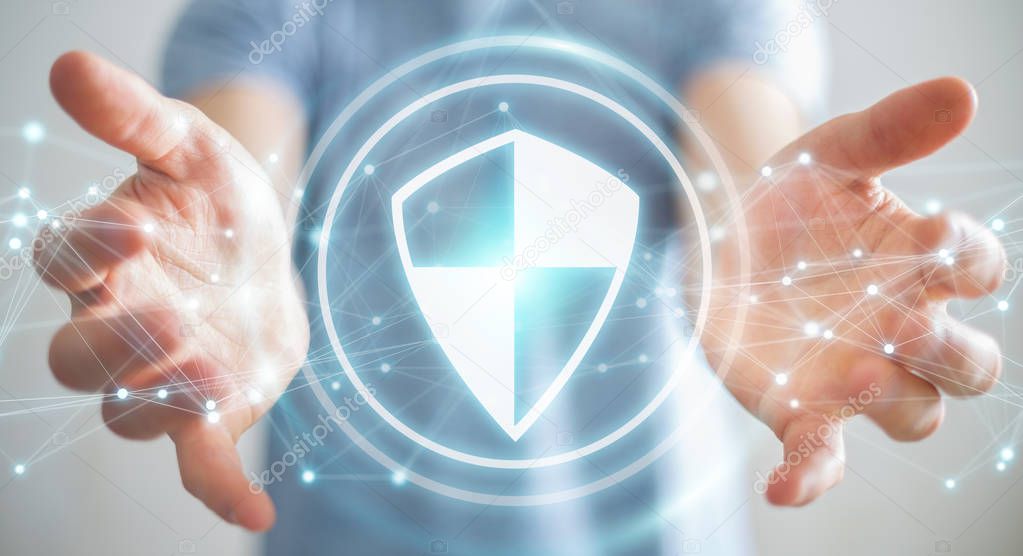 Businessman on blurred background using shield safe protection with connections 3D rendering