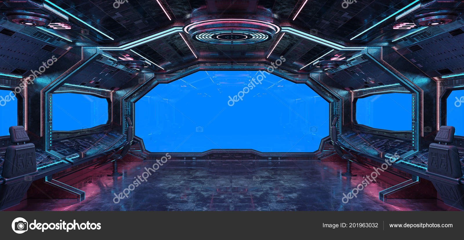 Grunge Spaceship Interior Blue Background Rendering Stock