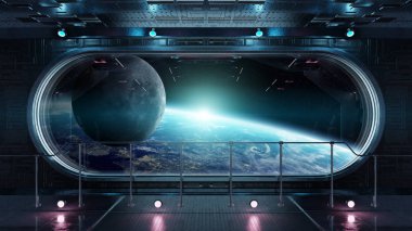 Siyah teknoloji uzay pencere iç gezegende manzaralı yuvarlak Earth 3d işleme öğeleri Nasa tarafından döşenmiş bu görüntünün