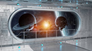 Beyaz teknik uzay gemisi yuvarlak pencere iç uzak sistem 3d işleme öğeleri Nasa tarafından döşenmiş bu görüntünün üzerinde manzaralı