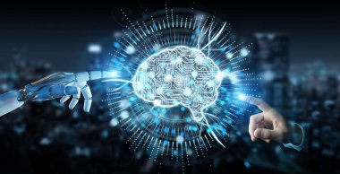 Beyaz insansı el dijital yapay zeka simgesi hologram 3B oluşturmayı kullanarak arka plan bulanık üzerinde