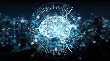 Dijital yapay zeka simgesi hologram üzerinde mavi şehir arka plan 3d render