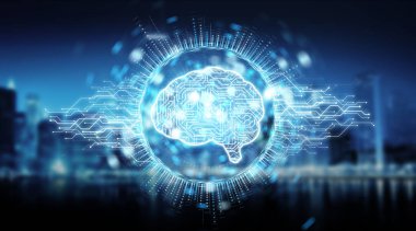 Dijital yapay zeka simgesi hologram üzerinde mavi şehir arka plan 3d render