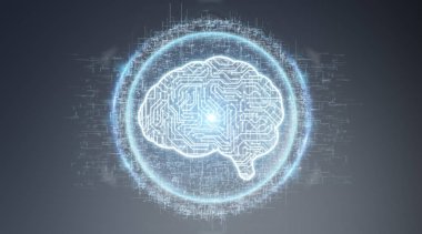 Dijital yapay zeka simgesi hologram mavi gri arka planda 3d render