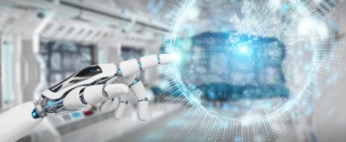 Dünya ağ hologram Europe harita 3d rendering ile kullanarak arka plan bulanık beyaz insansı el