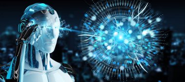 Dijital göz gözetim hologram 3B oluşturmayı kullanarak bulanık arka plan üzerinde beyaz cyborg