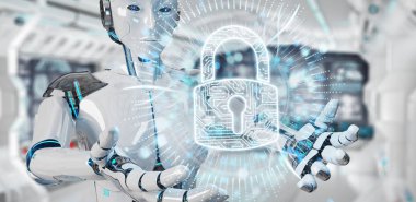 Hukuk paragraf dijital hologram 3B oluşturmayı kullanarak arka plan bulanık beyaz robot kadına