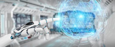 Beyaz robot el dijital üçgen küre hologram 3d render patlayan kullanarak arka plan bulanık üzerinde