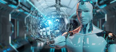 Dijital üçgen küre hologram 3d render patlayan kullanarak arka plan bulanık beyaz robot