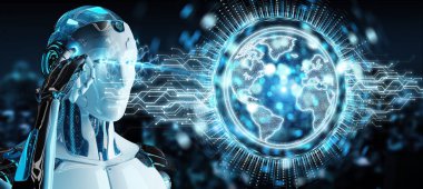 Dünya ağ hologram Amerika ABD harita 3d render ile kullanarak arka plan bulanık beyaz robot